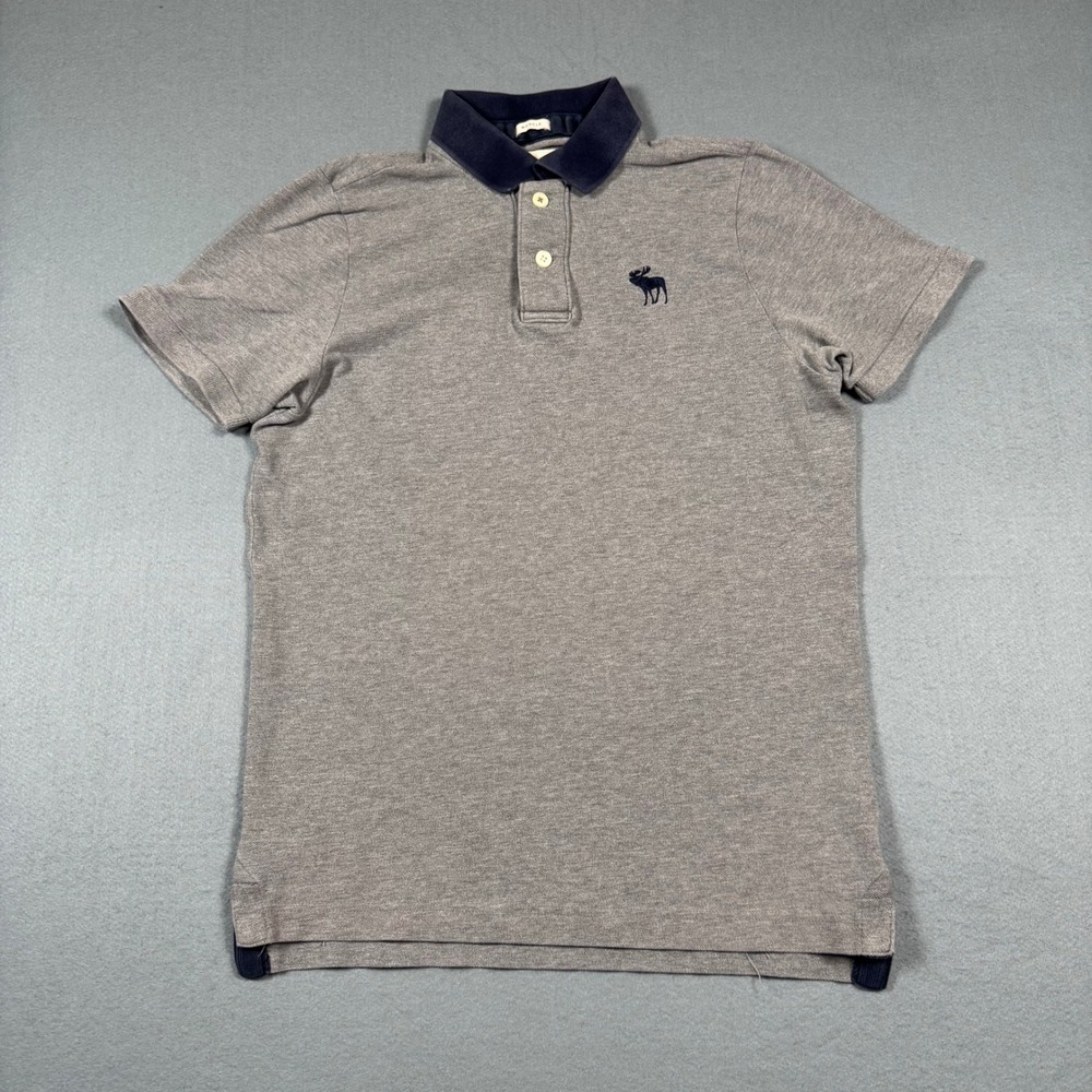 Abercrombie & Fitch Mens Muscle Fit Polo Shirt Gray Navy Blue Moose Logo Large